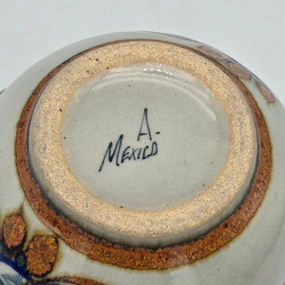 Vintage Tonala Pottery Bowl Sun Moon Celestial Cobalt Blue Hand Painted Mexico